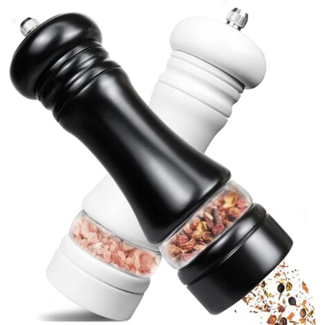 Salt and Pepper Mill, Set of 2 Manual Salt and Pepper Mill with Adjustable Ceramic Spice Grinder, Wood Salt Pepper Mills Acryl Salt and Pepper Shakers for Sea Salt, Chilli, Black/White (1/5)
