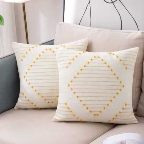 Set of 2 Cushion Covers 45 x 45 cm, Bohemian Decorative Pillows, Modern Woven Square Pillowcase for Sofa, Bedroom, Living Room, Yellow and White