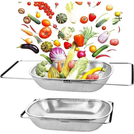 Over the Sink Colander Stainless Steel Fine Mesh Sink Strainer Basket with Extendable Handle for Pasta Fruits Vegetables