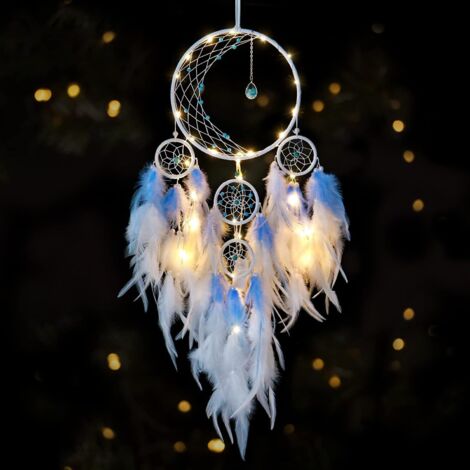 Moon Shaped Dream Catcher White Blue Feathers for Bedroom Handmade Wall Decor Wall Decor for Walls