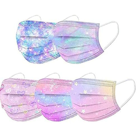 Masque Couleur Jetable Adulte, 50 pièces Type Certifié CE Masques Émoticônes/Étoilé Imprimé Filtrant, 3 Couches de Protection Respirant et Confortable (1/5)