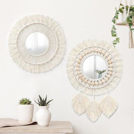 2 Pieces Macrame Wall Hanging Decorative Mirror with Woven Leaves Boho Fringe Round Mirror for Bedroom Living Room Nursery Home Decor (Style-08)