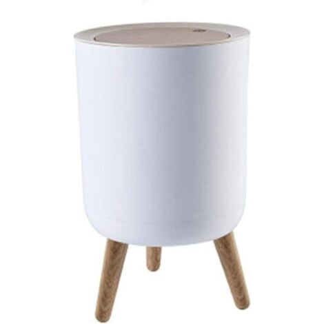 Waste Basket with Lid Press, Living Room Bathroom Kitchen Nordic Style Imitation Wooden Waste Bin White, 22x36.3cm (1/5)