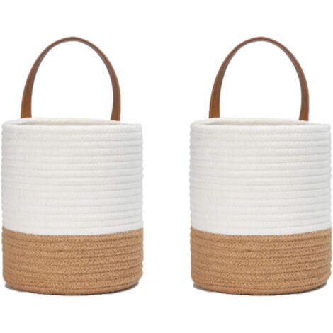 2 Pcs Cotton Rope Woven Plant Baskets, Hanging Woven Wall Basket Set, Cotton Rope Basket, for Flower Pot Cotton Stand Home Decor White + Jute