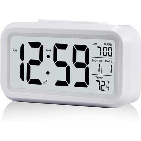 Digital Alarm Clock, Morning Alarm Clock, Silent Battery Operated Digital Alarm Clock for Kids and Adults, Large LED Display, Temperature Calendar (White)
