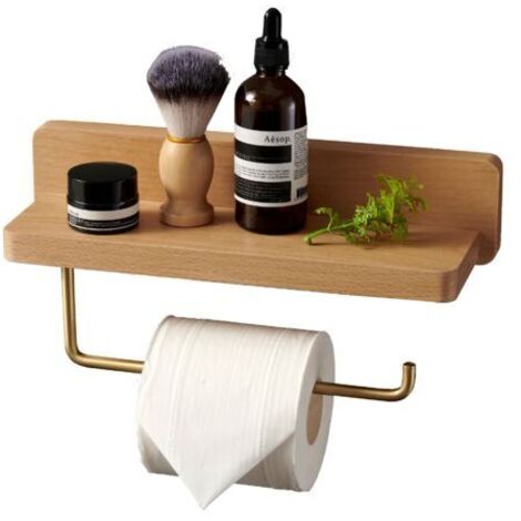 Devidoir Porte Papier Toilette Double Installation Bois Massif Hêtre Dérouleur Support Papier WC Mural Auto-adhésif Coins Arrondis Porte Rouleau de Papier Décor pour la Salle de Bain Cuisine (Hêtre,) (1/5)