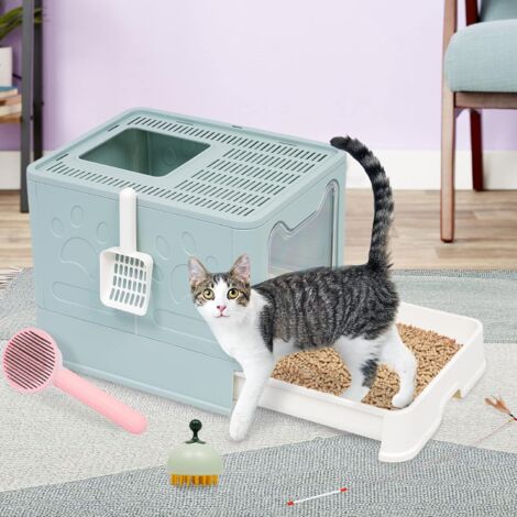 Cat Litter Box, Large Collapsible Cat Toilet House with Lid,Cat Litter Box with Lid,Drawer Bin  Easy to Clean, Large Capacity  Portable Blue