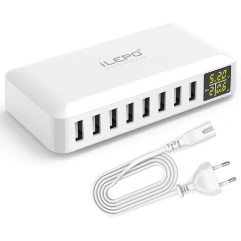5V8A 8 Port USB Charger with LCD Display, USB Multi Socket Smart Charging Station, Compatible with iPhone XS XR SE, iPad, Samsung Galaxy, Redmi, Android Phones, etc.