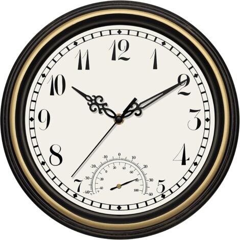 Tinor – Indoor outdoor waterproof wall clock with thermometer – Retro silent non-ticking round clock – For indoor and outdoor use – 12 inch black gold (1/5)