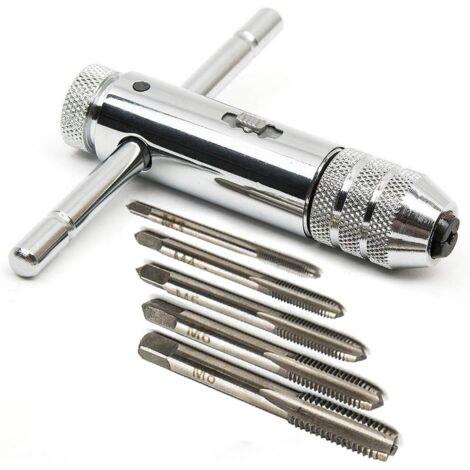 Left Hand T-Ratchet Wrench, Adjustable T-Shaped Tap Wrench, HSS Ratchet Tap Holder, T-Handle Wrench with 5 Sizes Hand Taps, M3-M8, 3-8mm