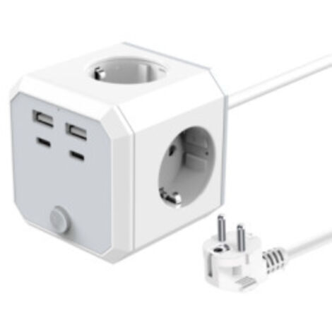 Cube Power Strip with 4 Sockets and 3 USB Ports, 1.8m Power Strip Tower Suitable for Home and Office, White (1/3)