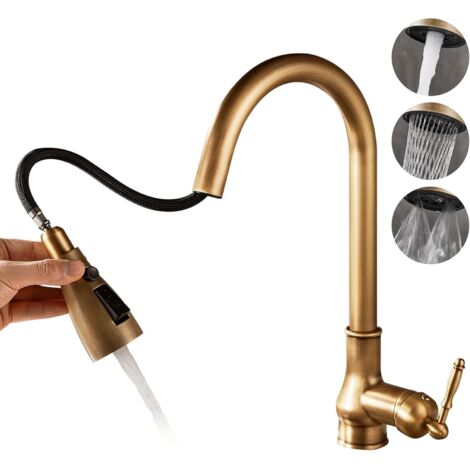 Vintage Antique Bronze Brass Single Hole Kitchen Faucet with Pull Down Sprayer(3 Function Sprayer) (1/5)