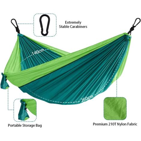 Ultralight travel hammock – double and single – maximum load: 250 kg (260 x 140 cm) – hammock for outdoor, indoor, garden, terrace, survival, camping – green (1/4)