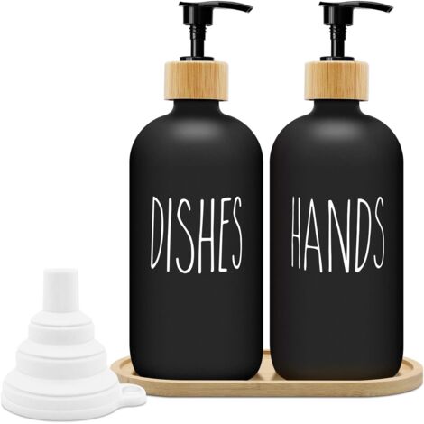 Tinor – Matte black soap dispenser set 500ml glass with bamboo tray – Easy-squeeze pump for liquid soap – For kitchen and bathroom – Set of 2 (1/5)