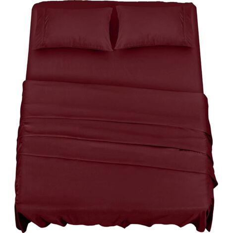 Polyester Microfiber Bedding Set (4-Piece, Burgundy) - 1 Fitted Sheet 150 x 200 cm, 1 Flat Sheet 266 x 259 cm and 2 Pillowcases 50 x 75 cm