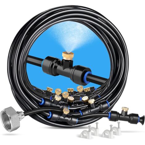 Outdoor Mister, 18 m Patio Mister with 20 Mist Nozzles + 6 Replacement Nozzles + 1 Adapter (Brass, 3/4 Inch) Mister for Patio, Garden, Greenhouse, Trampoline for Water Park