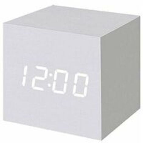 1 pièce Réveil numérique à LED en Bois, Horloge Cubique Numérique avec Affichage Date et Température, Prise USB / Batterie (Blanc) (1/4)