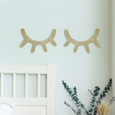 1 Pair Eyelashes Pattern Wall Sticker Bedroom Wall Decoration Eyelashes Bedroom Background Decorative Wooden Ornaments (Shiny Gold) (1/5)