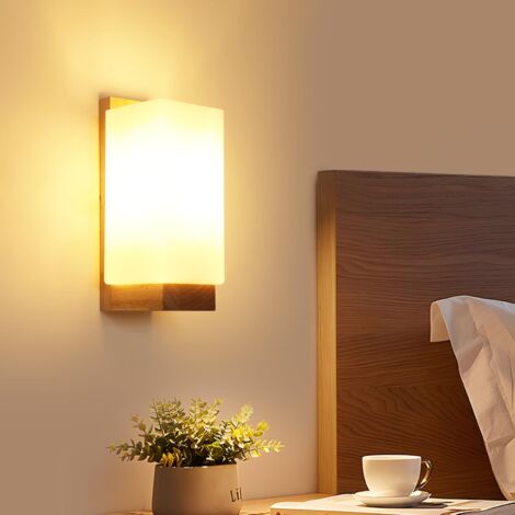 Indoor Wooden Wall Sconce, Vintage Wall Lamp Glass Shade, E27 Square Wall Light Fixture for Bedroom Living Room Hallway Staircase (Bulb Included)