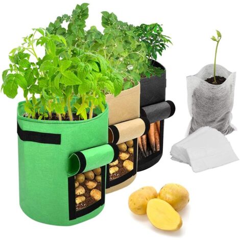 Potato Grow Bags,3 Pack 10 Gallon Plant Growing Bags/Aeration Non-woven Fabric Pots Plant Bags w/Handles Garden Vegetable Growing Bags with 50 Pcs Biodegradable Plant Seedling Bags