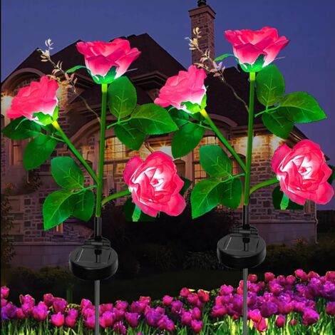 Outdoor Solar Flower Lights, Outdoor Solar Rose Flower Lights, Solar Garden Lights Decoration with 6 Rose Flowers for Outdoor Garden Lawn Christmas(Pink,2 Pack)