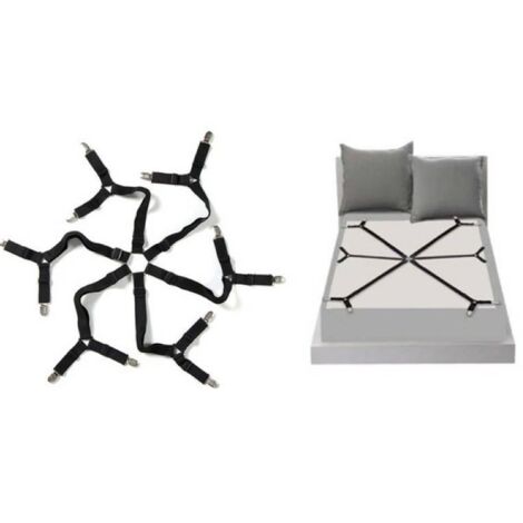 Adjustable Elastic Fitted Sheet Straps (Black 3 Way), Crisscross Bed Sheet Fasteners, Fits Round and Square Mattresses. (1/5)