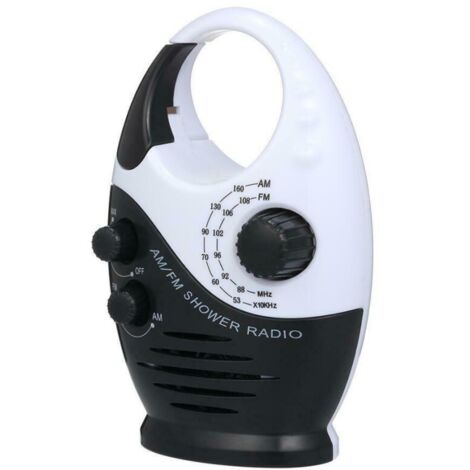 Waterproof Shower Radio Mini AM FM Adjustable Shower Radio with Top Handle, Suitable for Shower/Sleep/Garage etc, No Zero, Black/White