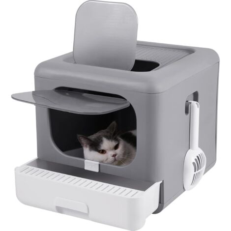 Odor-Proof Cat Toilet House: Portable Closed Litter Box with Drawer and Scoop, 43x40.5x37.5cm Dark Gray