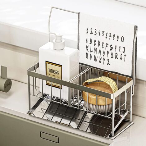 Sink Organizer with Drip Tray Stainless Steel Sponge Holder Kitchen Sponge Storage for Bathroom Kitchen Sink Basket for Soap Holder, Dishwashing Liquid, Brush