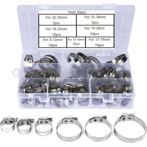 CCYKXA 60pcs Adjustable Size Stainless Steel Hose Clamp Connected Pipe Clamps (6-38mm)