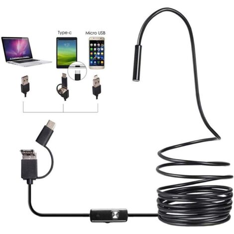 Caméra d'inspection d'endoscope 3-en-1 de 7 mm pour interface USB Android de type C, caméra de tuyau de drainage d'évier à tube avec 6 lumières LED réglables, caméra HD noire à endoscope étanche IP67(