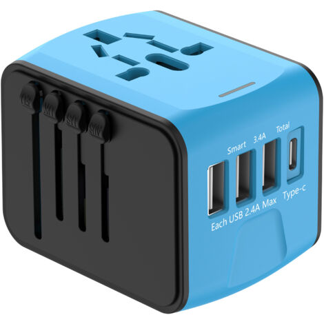 Tinor – Universal international travel adapter 3 USB 1 Type C 1500W – EU UK US AU plug for 224 countries – Double fuse protection – Compact size (1/5)