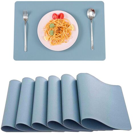 (Grey Blue)Leather Placemats, Set of 6 Waterproof Washable Placemats Rectangular Heat Resistant Placemats, 45×30cm
