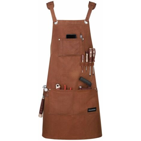 Tool Apron, Multifunctional Heavy Duty Waxed Canvas Waterproof Oil Resistant Work Apron with Tool Pockets for Painting Wood Crafts etc, Brown