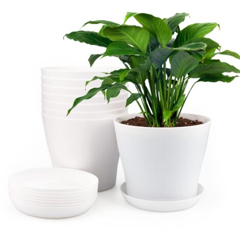 8 Pieces 17 CM Plastic Plant Pots, Indoor Outdoor Planter, Flower Pot with Trays, Suitable for Seedlings, Cacti, Succulents, Orchids, Herbs - White