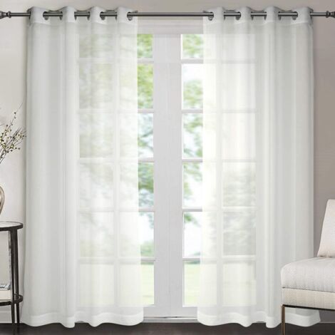 Set of 2 White Linen Effect Sheer Curtains, Window Grommet Voile Panel with Curtain Tieback 140x245cm (White) (1/5)