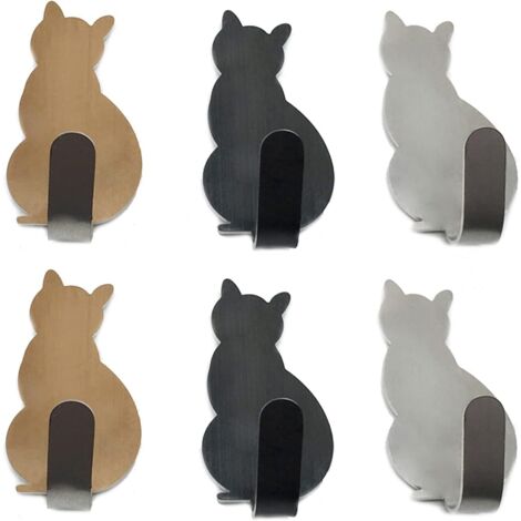 Lot de 6 crochets porte-serviettes en acier inoxydable pour petits chats, crochets muraux décoratifs pour la maison, la cuisine, la salle de bain, le rangement du bureau, sans clous (1/5)