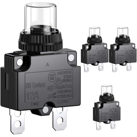 CCYKXA 12A Circuit Breaker with Thermal Overload Protection 88 Series Manual Push Button Reset with Quick Connect Terminals and Waterproof Cap 32VDC or 125/250VAC 4pcs (1/3)