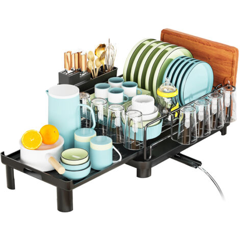 Expandable Stainless Steel Dish Drainer with Cutlery Holder and Removable Glass Holder, Adjustable Dish Drying Rack with 360° Rotating Spout (1/5)
