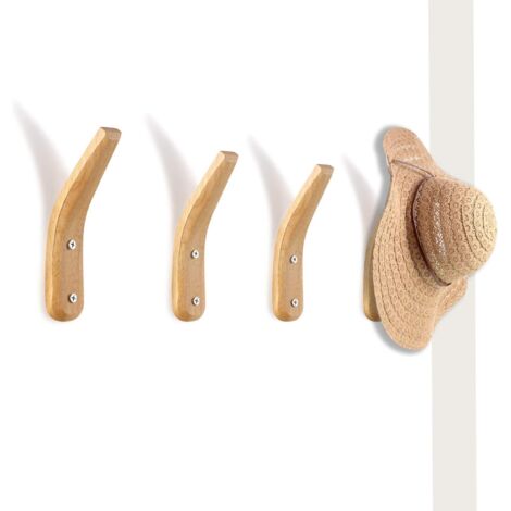 Tinor – Wooden coat hooks wall mounted – V shape natural rubber wood – 4 pack for coats, hats, bags – Easy installation with durable support (1/5)