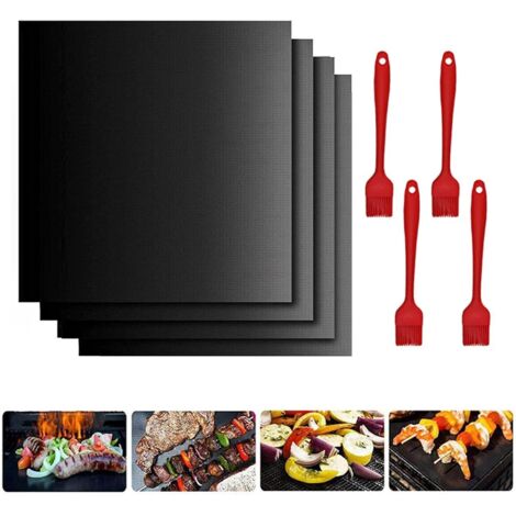Barbecue mat, BBQ mat, 4 pieces cooking mat, barbecue mat, made of fiberglass, with 4 brushes, safe, high temperature resistant, for grills, ovens (black, 400 x 330 x 0.2mm) (1/5)