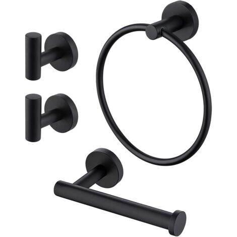 Black Towel and Toilet Roll Holder Set Bathroom Accessory Set 4 Piece Toilet Roll Holder and Towel Ring and Hook SUS304 Stainless Steel Wall Mounted