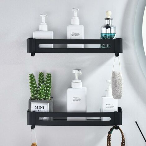 Black Shower Shelf Bathroom Shelf No Drilling Aluminum Shower Wall Basket Bathroom Storage Shelf Adhesive Shower Caddy, Durable, Non-Rusting, (2 Tier)