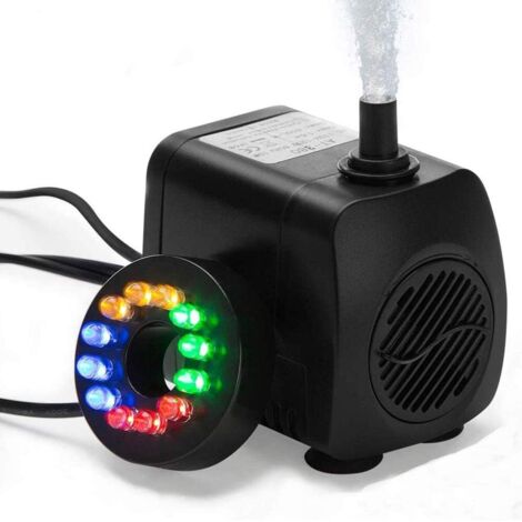 Submersible Mini Water Pump with 12 Colors LED Light 8W Ultra-quiet Aquarium Fountain Pump 450L/H for Terrariums, Fish Tank, Circulation Systems, Pond（Black）