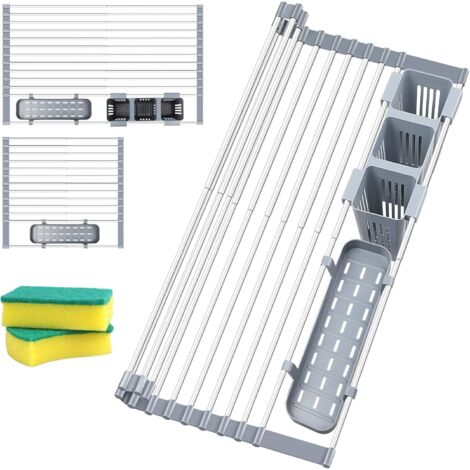 Expandable Dish Rack Up to 22.8 Inches with 2 Extendable Tool Holders with Stainless Steel Silicone Coated Edge for Her Kitchen Sink (1/5)