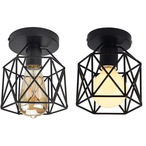 Set of 2 Retro Industrial Metal Square Black Iron Ceiling Light, Cube Cage Pendant Light Fixture E27 for Living Room Bedroom Cafe Bar Restaurant Hallway Entrance - Black (1/5)