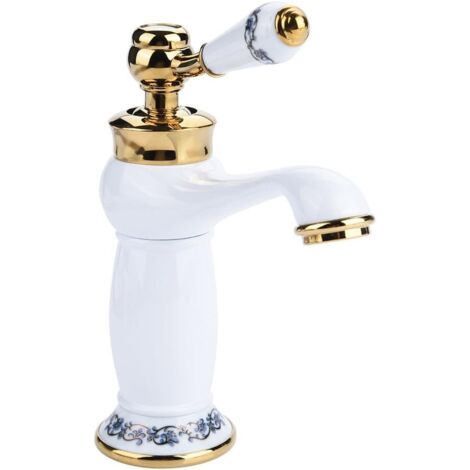 Antique Ceramic Brass Bathroom Faucet Sink Faucet Blue and White Porcelain Long Neck Vintage Basin Faucet Mixer Tap Kitchen Cold/Hot Water Faucet(White) (1/5)