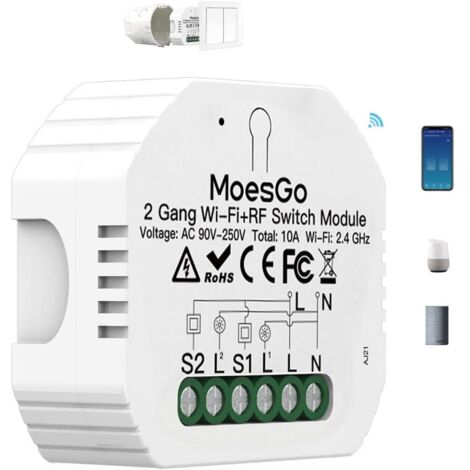 WiFi Smart Switch Module for Wireless Remote Control and via Smart Life/Tuya APP, Compatible with Alexa and Google Home, 2 Gang (1/5)