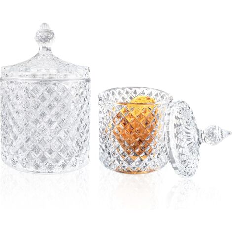 Set of 2 Clear Diamond Crystal Glass Candy Jars, Candy Buffet Storage with Crystal Lid, Cookie Jars and Decorative Cookies for Gift (300ml+600ml) (1/5)