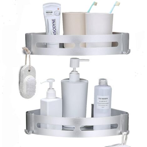Bathroom Corner Shelves Shower Caddy Corner with Hooks No Drilling Alunimun Bathroom Shelf Kitchen Storage Organizer (Silver) (1/5)